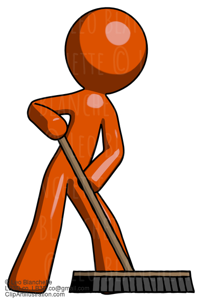 Orange Design Mascot Man Cleaning Services Janitor Sweeping Floor With Push Broom #9341