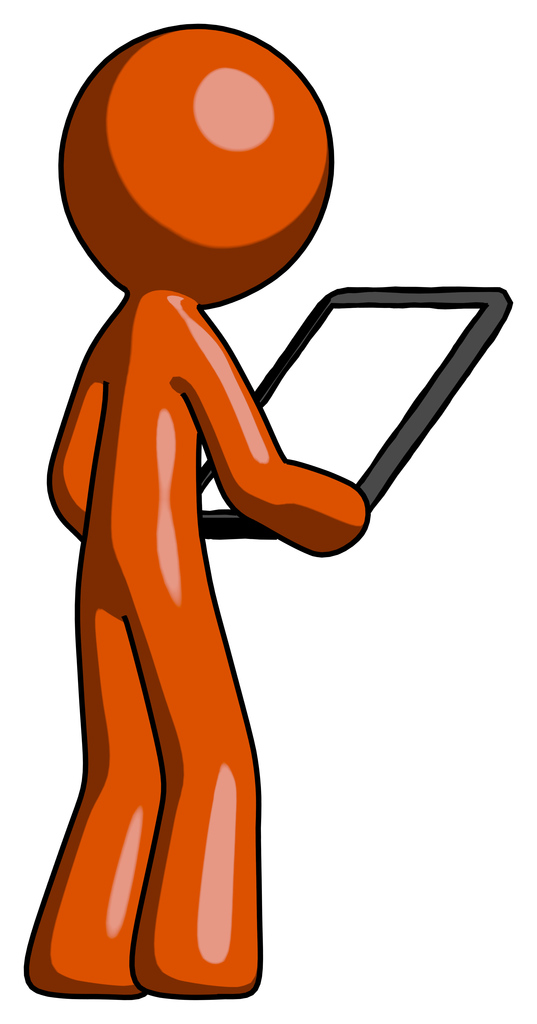 Orange Design Mascot Man looking at tablet device computer facing away