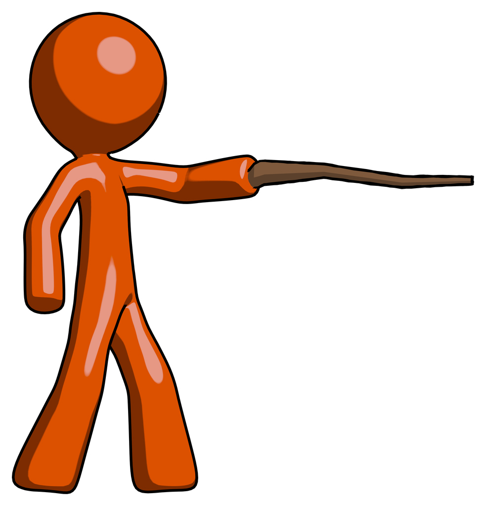 Orange Design Mascot Man pointing with hiking stick