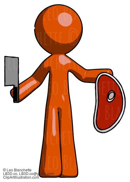 Orange Design Mascot Man Holding Large Steak With Butcher Knife #9346