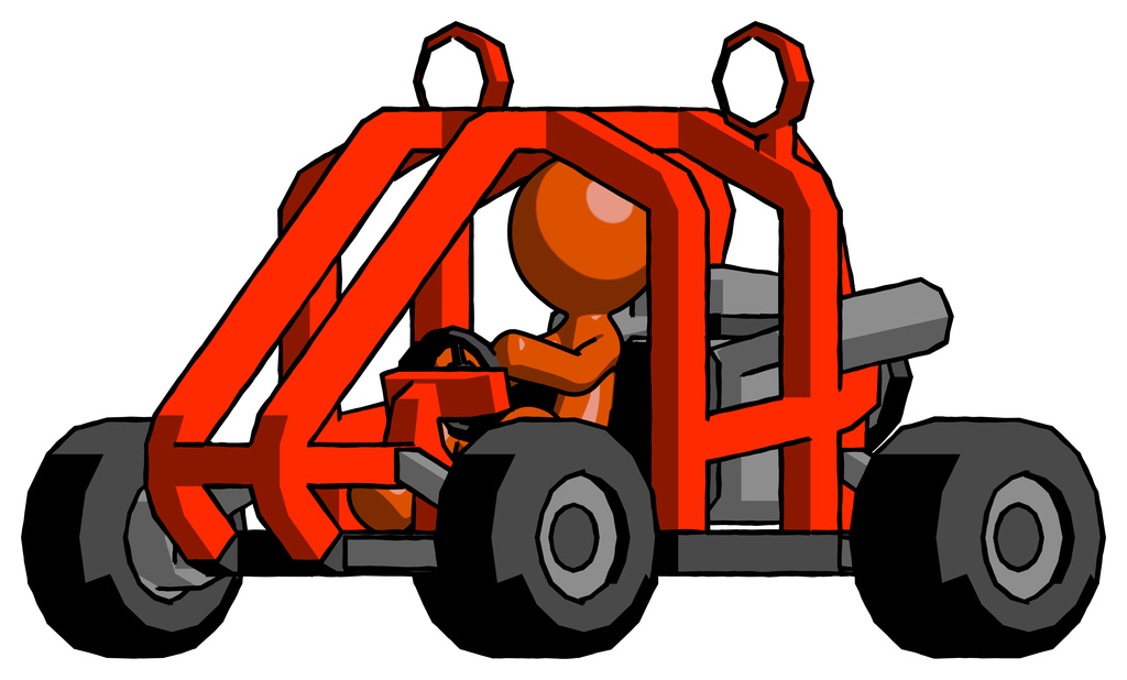 Orange Design Mascot Man riding sports buggy side angle view
