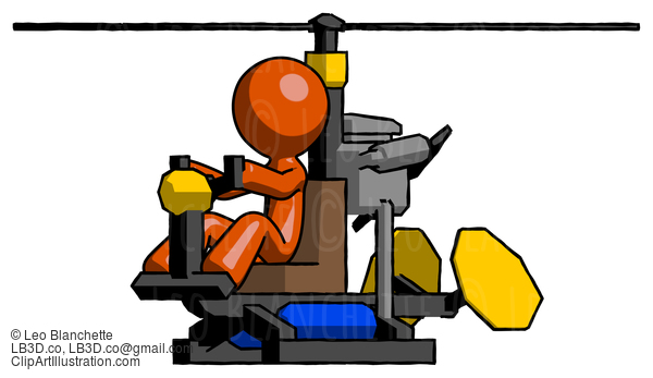 Orange Design Mascot Man Flying In Gyrocopter Front Side Angle View #9348