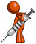 Orange Design Mascot Man Using Syringe Giving Injection