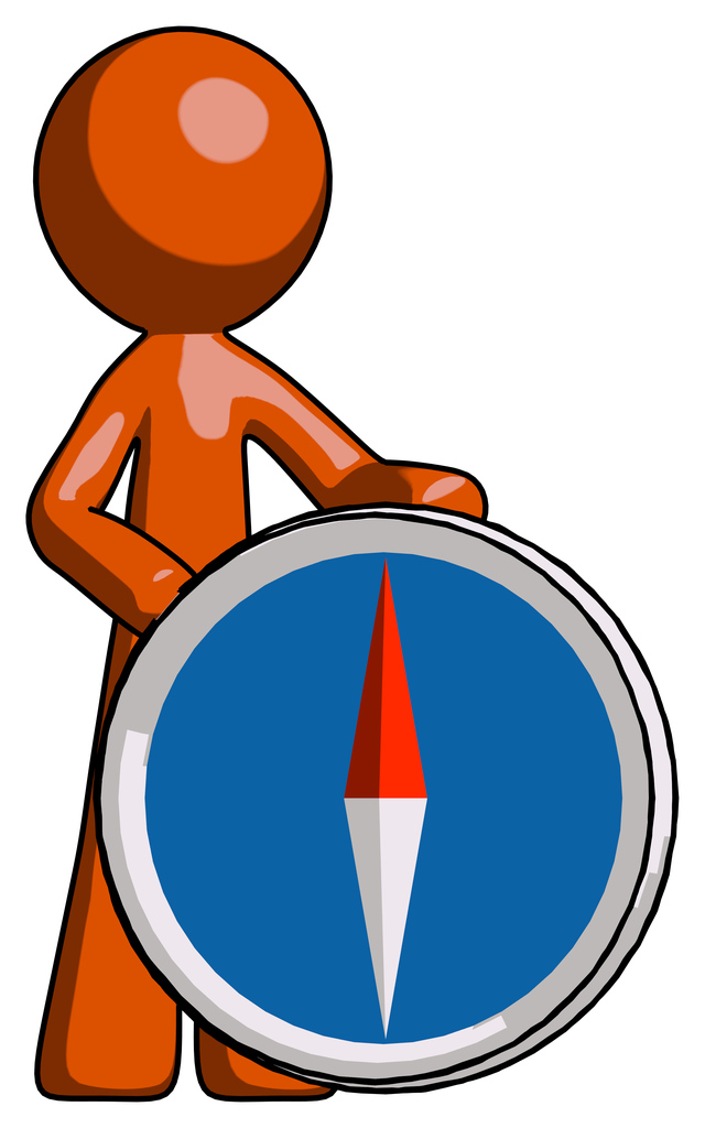 Orange Design Mascot Man standing beside large compass