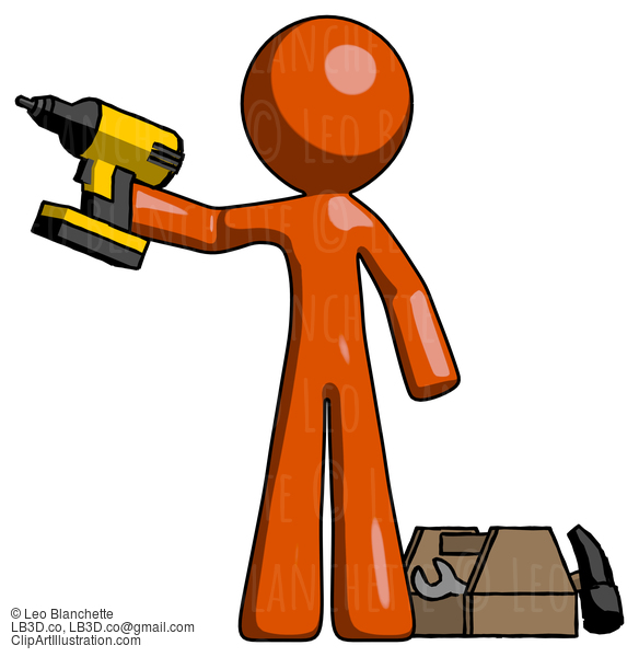 Orange Design Mascot Man Holding Drill Ready To Work, Toolchest And Tools To Right #9354