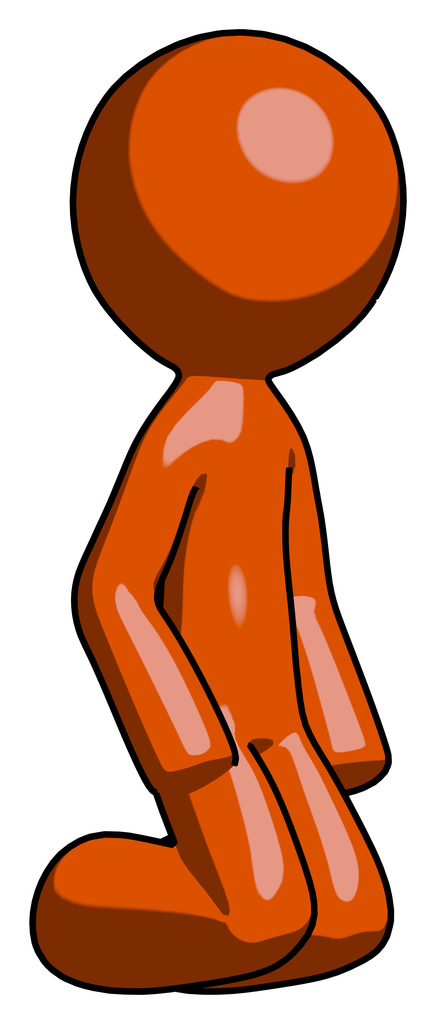 Orange Design Mascot Man kneeling angle view right