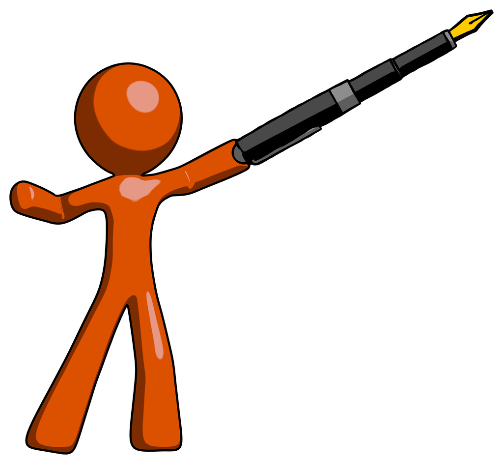 Orange Design Mascot Man pen is mightier than the sword calligraphy pose