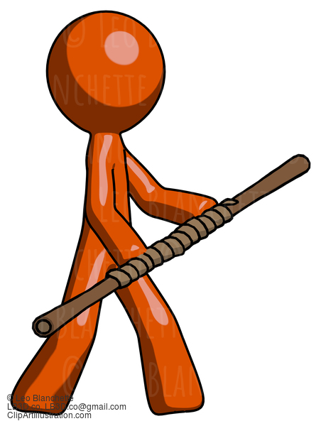 Orange Design Mascot Man Holding Bo Staff In Sideways Defense Pose #9358