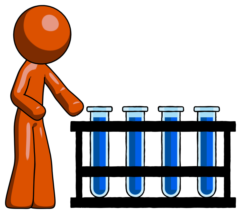 Orange Design Mascot Man Using Test Tubes Or Vials On Rack