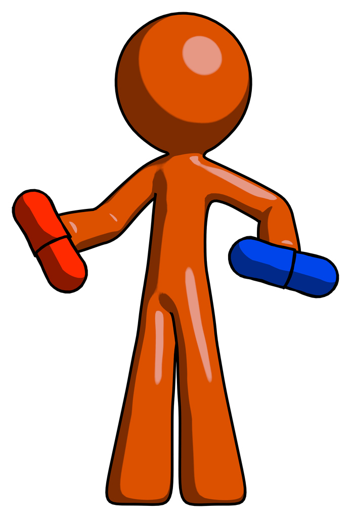 Orange Design Mascot Man Red pill or blue pill concept