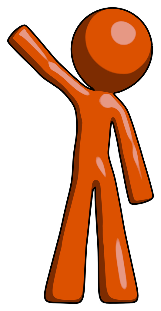 Orange Design Mascot Man Waving Emphatically with Right Arm