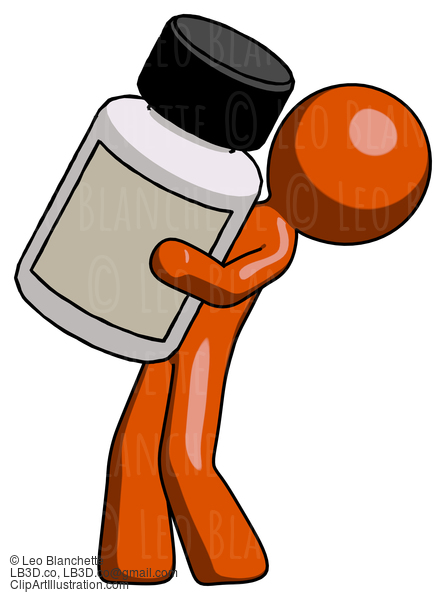 Orange Design Mascot Man Holding Large White Medicine Bottle #9366