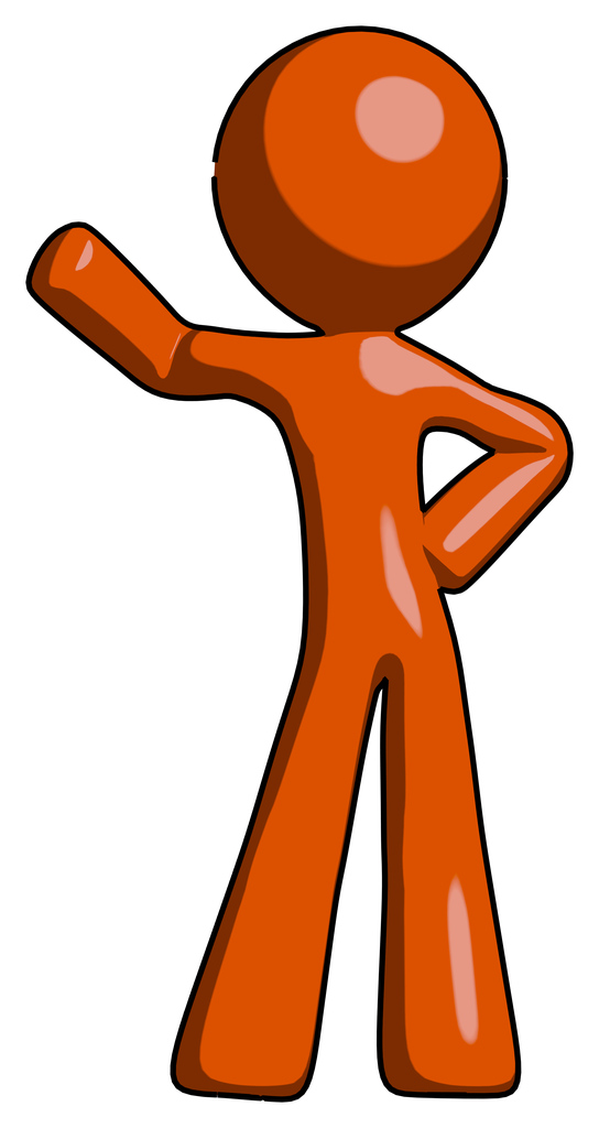 Orange Design Mascot Man Waving Right Arm with Hand on Hip