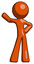 Orange Design Mascot Man Waving Right Arm with Hand on Hip