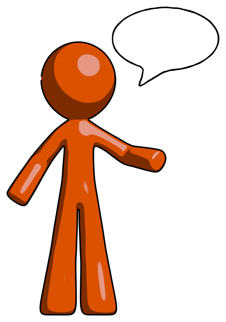 Orange Design Mascot Man with word bubble talking chat icon