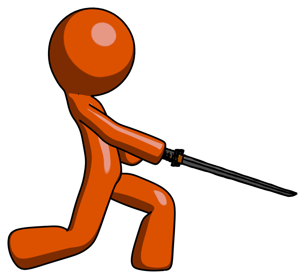 Orange Design Mascot Man with ninja sword katana slicing or striking something
