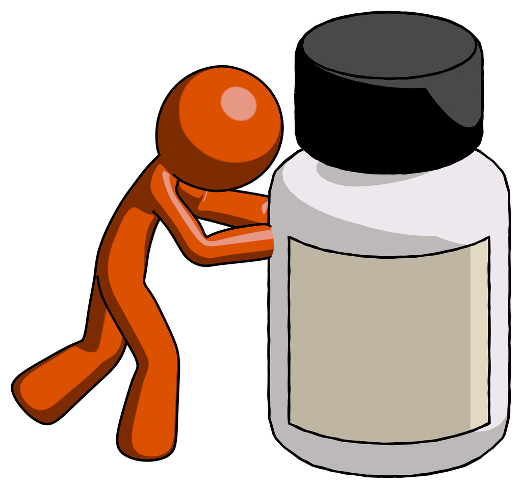 Orange Design Mascot Man Pushing Large Medicine Bottle