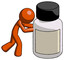 Orange Design Mascot Man Pushing Large Medicine Bottle