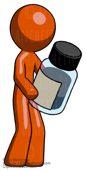 Orange Design Mascot Man Holding Glass Medicine Bottle #9378