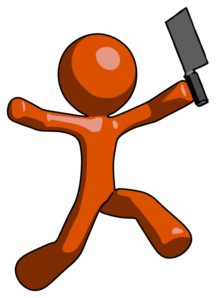 Orange Design Mascot Man psycho running with meat cleaver