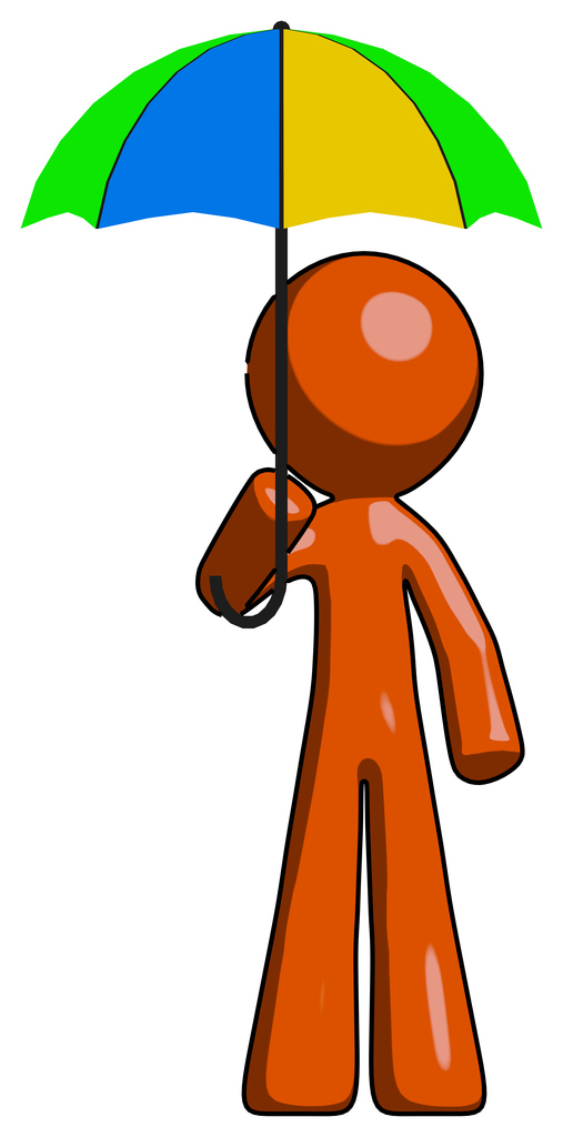 Orange Design Mascot Man Holding Umbrella Rainbow Colored