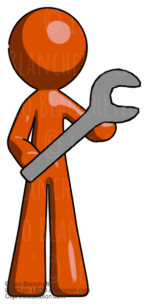 Orange Design Mascot Man Holding Large Wrench With Both Hands #9386