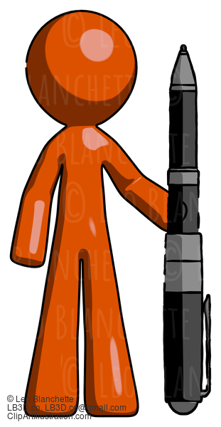 Orange Design Mascot Man Holding Large Pen #9391