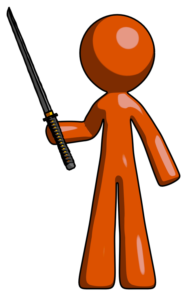 Orange Design Mascot Man standing up with ninja sword katana