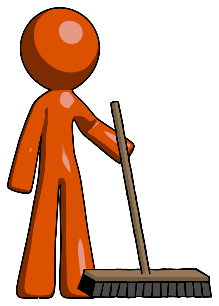Orange Design Mascot Man standing with industrial broom