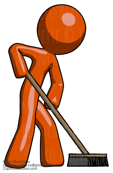 Orange Design Mascot Man Cleaning Services Janitor Sweeping Side View #9400