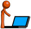 Orange Design Mascot Man using large laptop computer side orthographic view