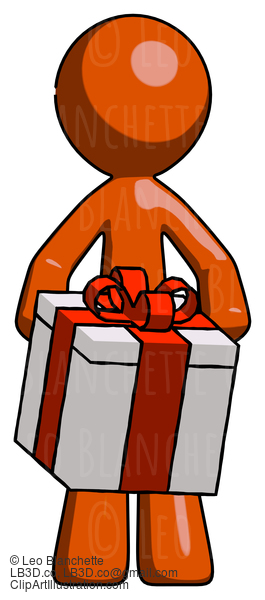 Orange Design Mascot Man Gifting Present With Large Bow Front View #9402