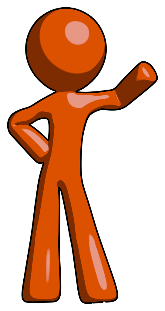 Orange Design Mascot Man Waving Left Arm with Hand on Hip