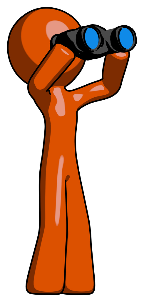 Orange Design Mascot Man looking through binoculars to the right