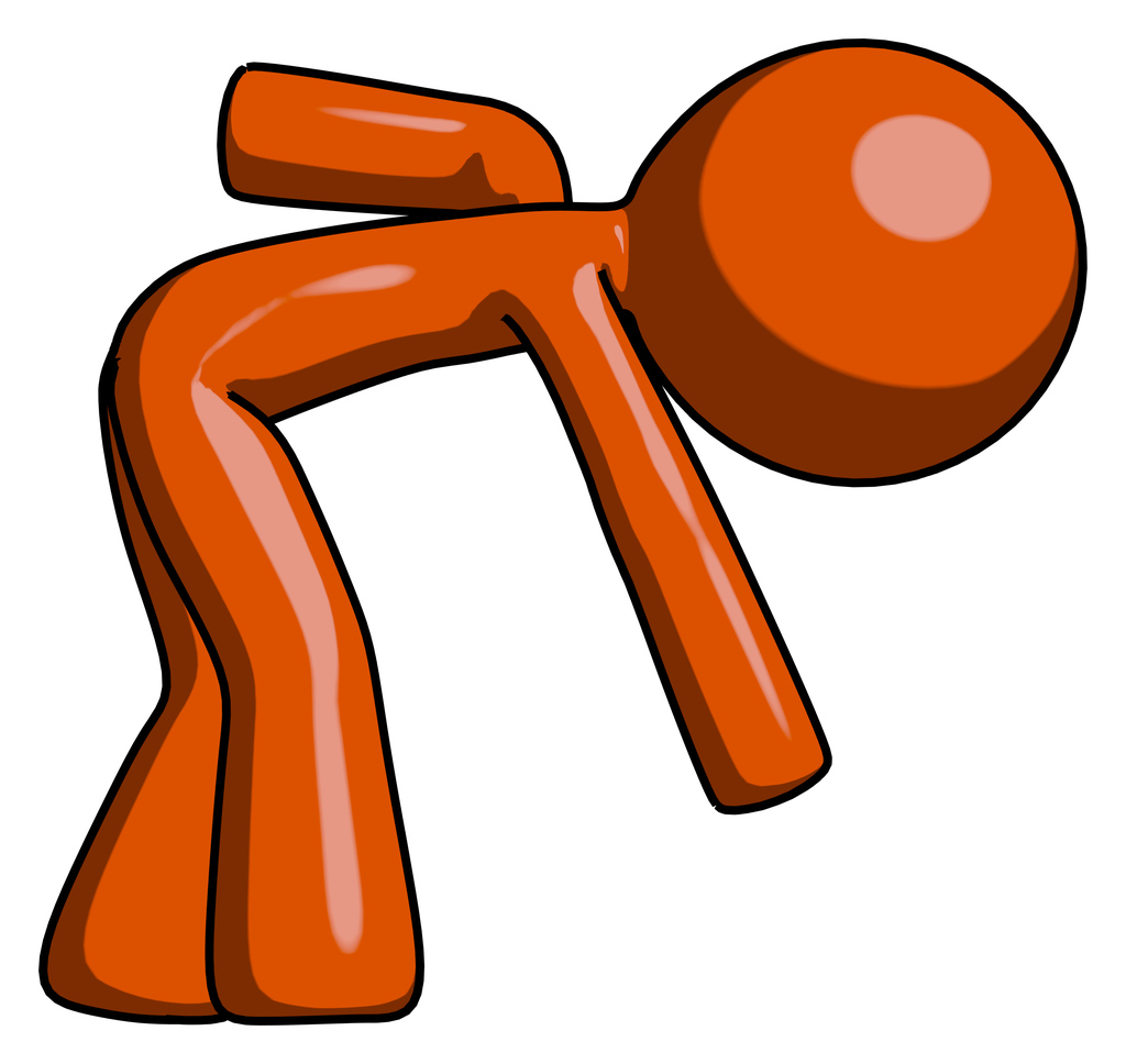 Orange Design Mascot Man Picking Something Up Bent Over