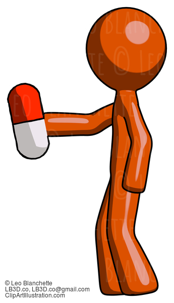 Orange Design Mascot Man Holding Red Pill Walking To Left #9409