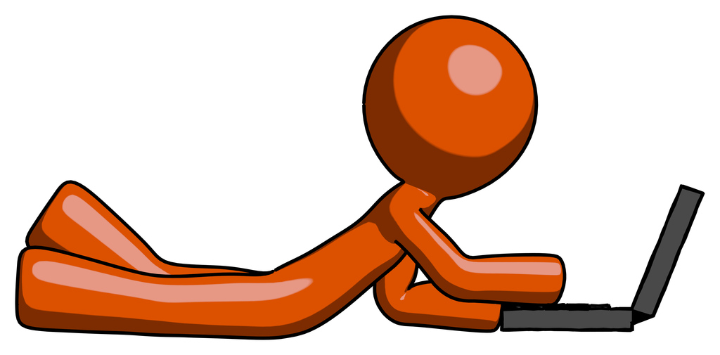 Orange Design Mascot Man using laptop computer while lying on floor side view