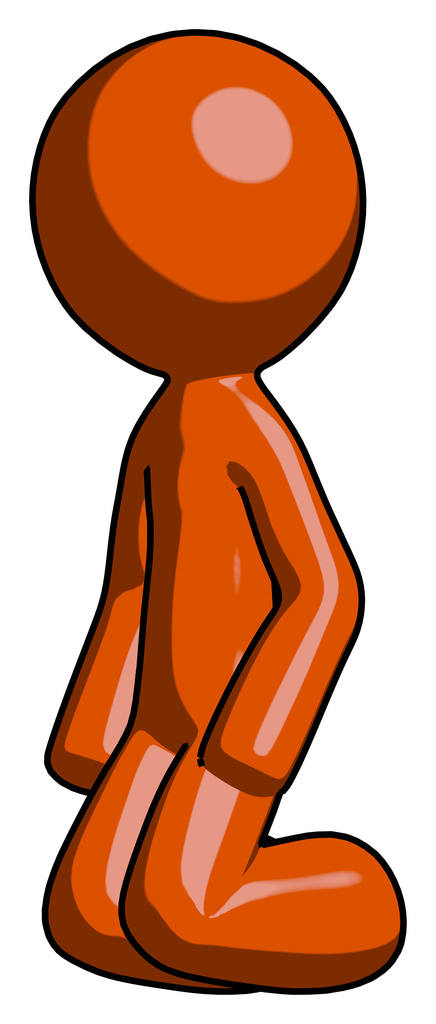 Orange Design Mascot Man kneeling angle view left
