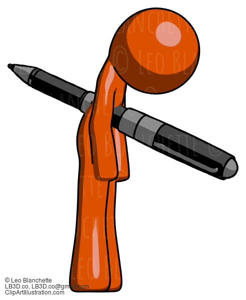 Orange Design Mascot Man Impaled Through Chest With Giant Pen #9415