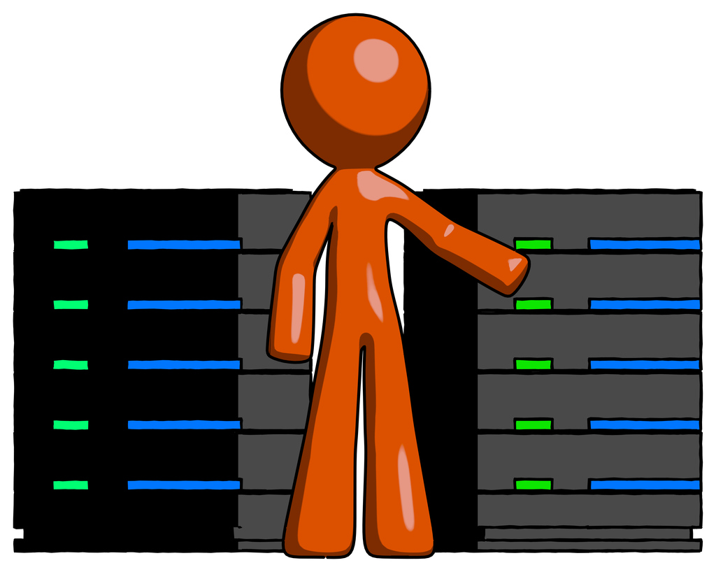 Orange Design Mascot Man With Server Racks, In Front Of Two Networked Systems