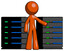 Orange Design Mascot Man With Server Racks, In Front Of Two Networked Systems