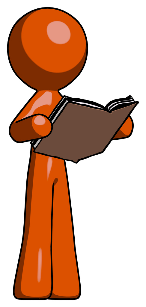 Orange Design Mascot Man reading book while standing up facing away