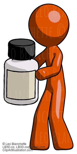 Orange Design Mascot Man Holding White Medicine Bottle #9419