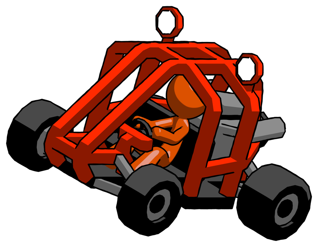 Orange Design Mascot Man riding sports buggy side top angle view