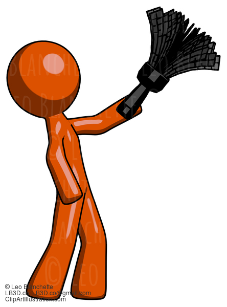 Orange Design Mascot Man Dusting With Feather Duster Upwards #9431