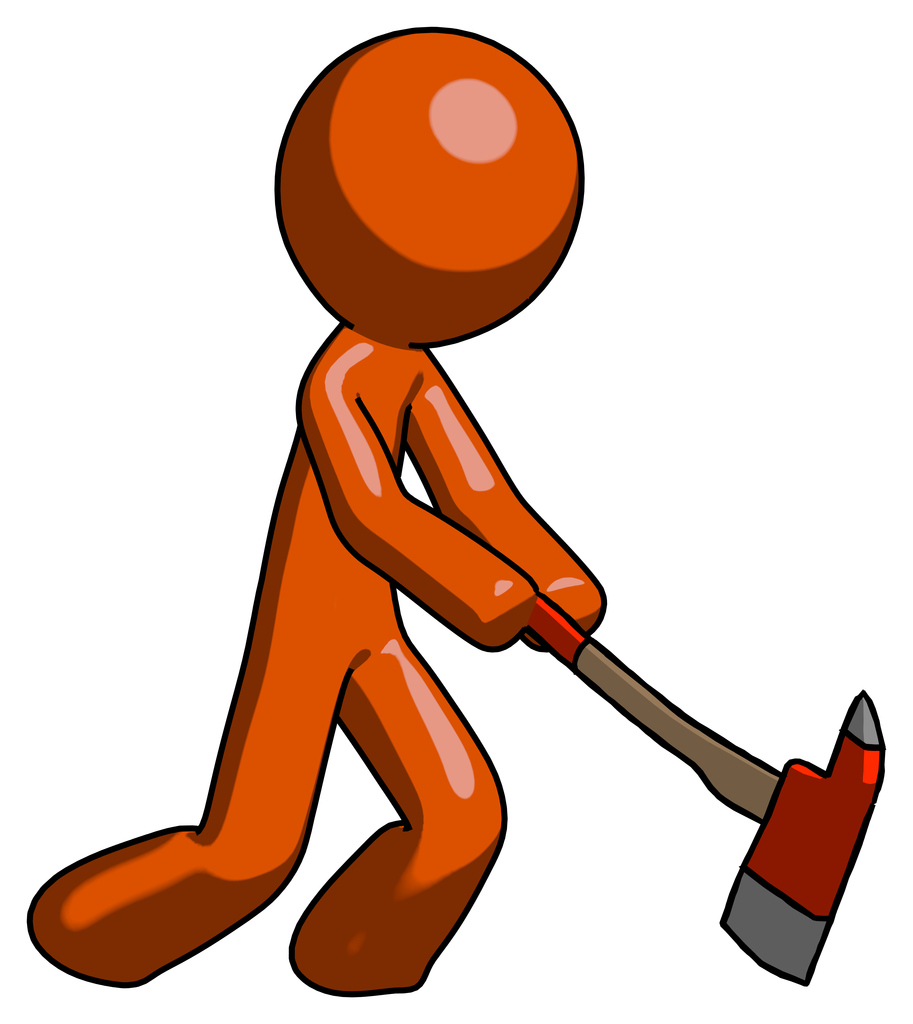 Orange Design Mascot Man striking with a red firefighter's ax
