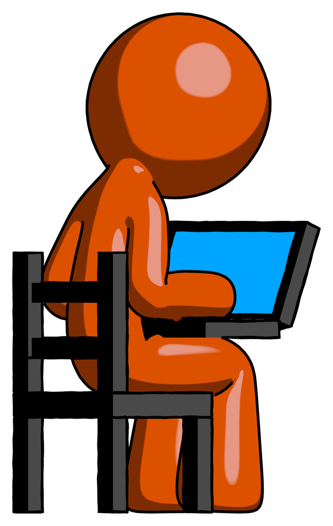 Orange Design Mascot Man using laptop computer while sitting in chair view from back