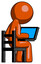 Orange Design Mascot Man using laptop computer while sitting in chair view from back