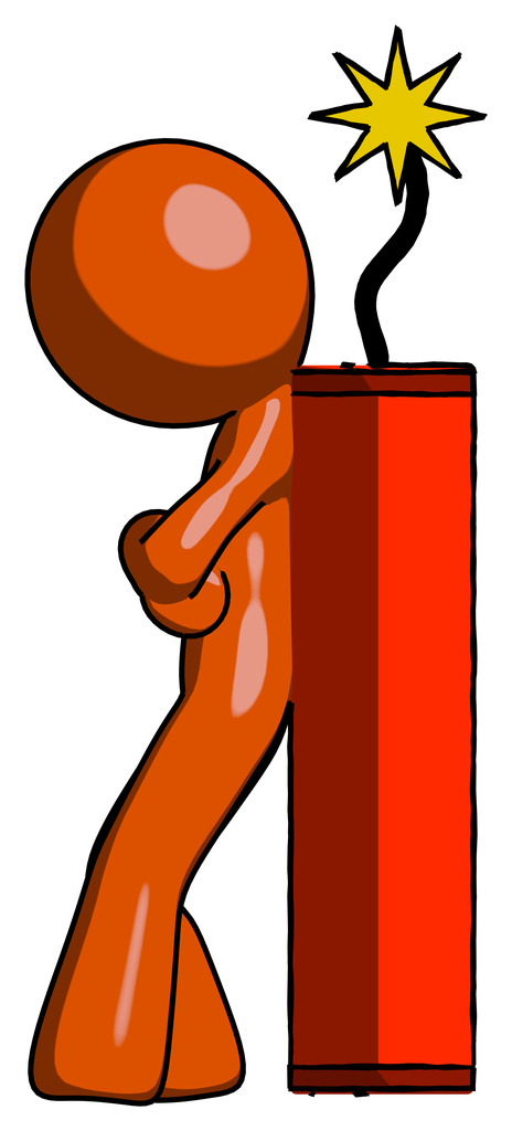Orange Design Mascot Man leaning against dynimate, large stick ready to blow