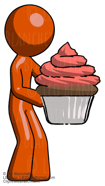 Orange Design Mascot Man Holding Large Cupcake Ready To Eat Or Serve #9440